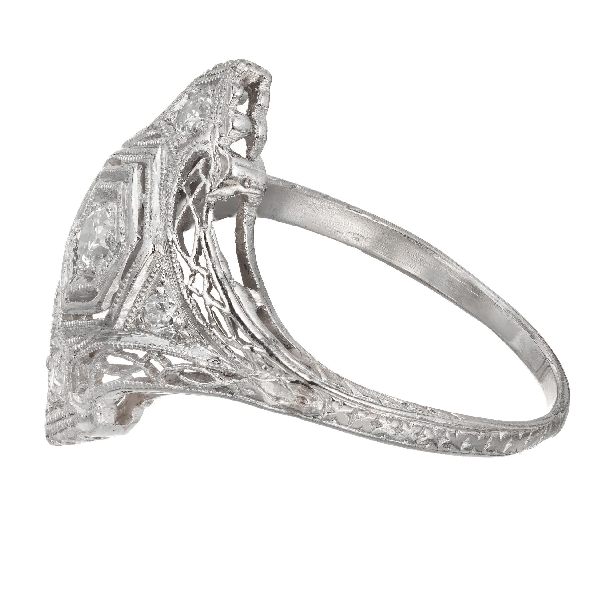 Round Cut Art Deco 0.12 Carat European Cut Filigree Platinum Diamond Ring For Sale