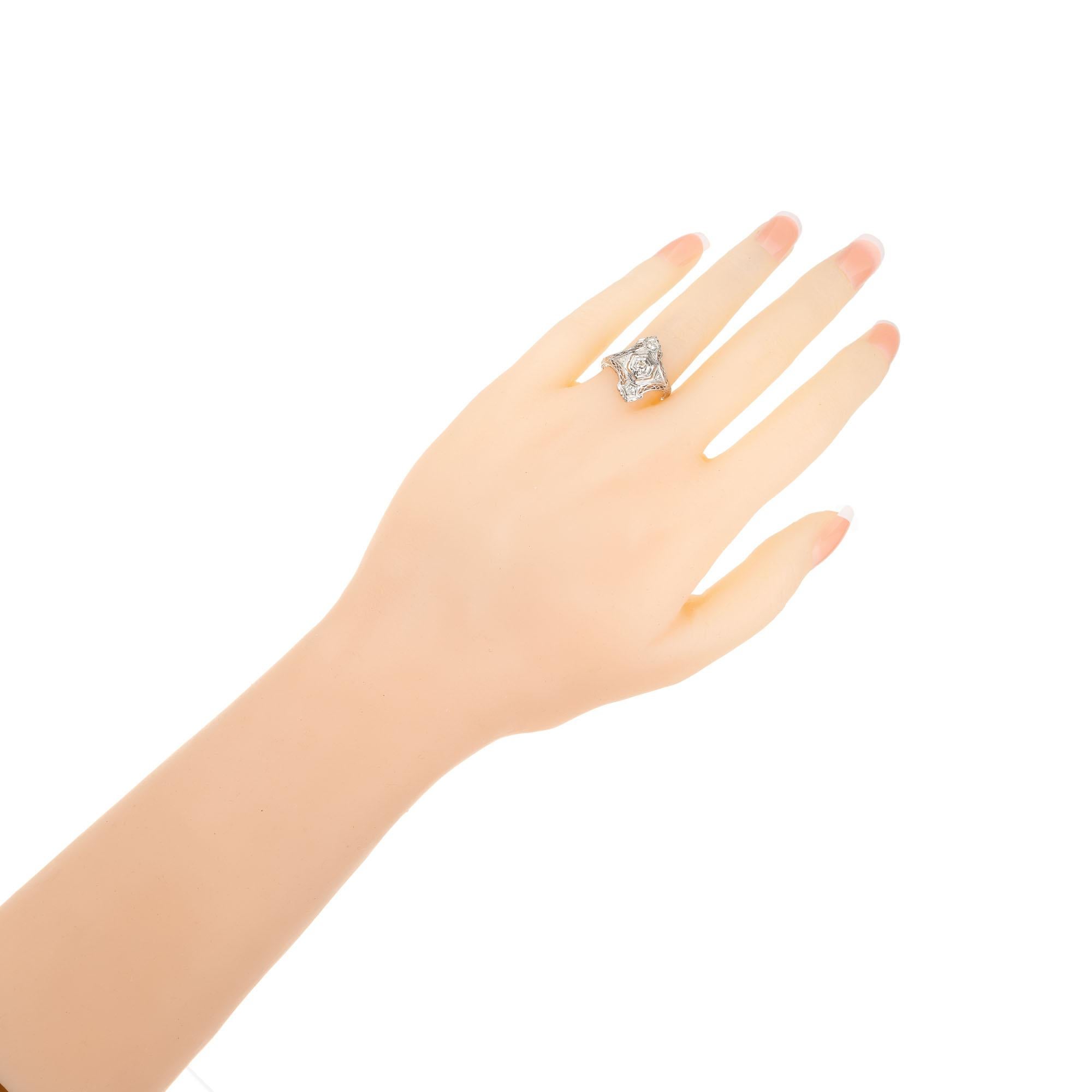 Women's Art Deco 0.12 Carat European Cut Filigree Platinum Diamond Ring For Sale
