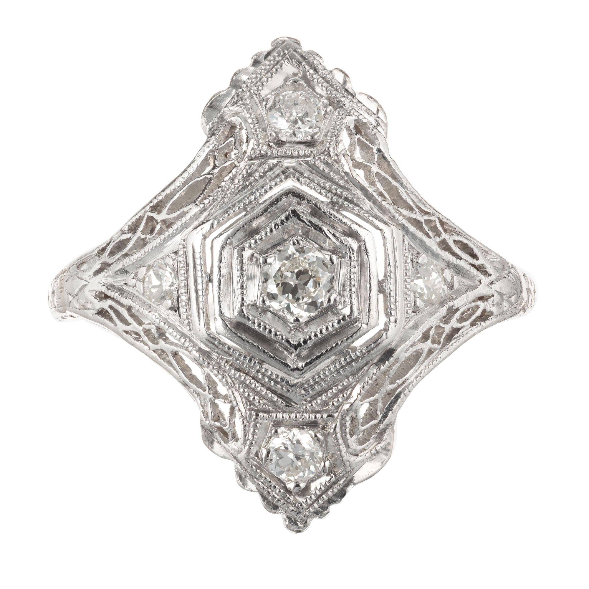 Art Deco 0.12 Carat European Cut Filigree Platinum Diamond Ring