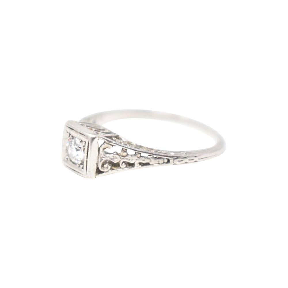 Art Deco 0.15 Carat Diamond and Platinum Filigree Engagement Ring In Good Condition In Philadelphia, PA