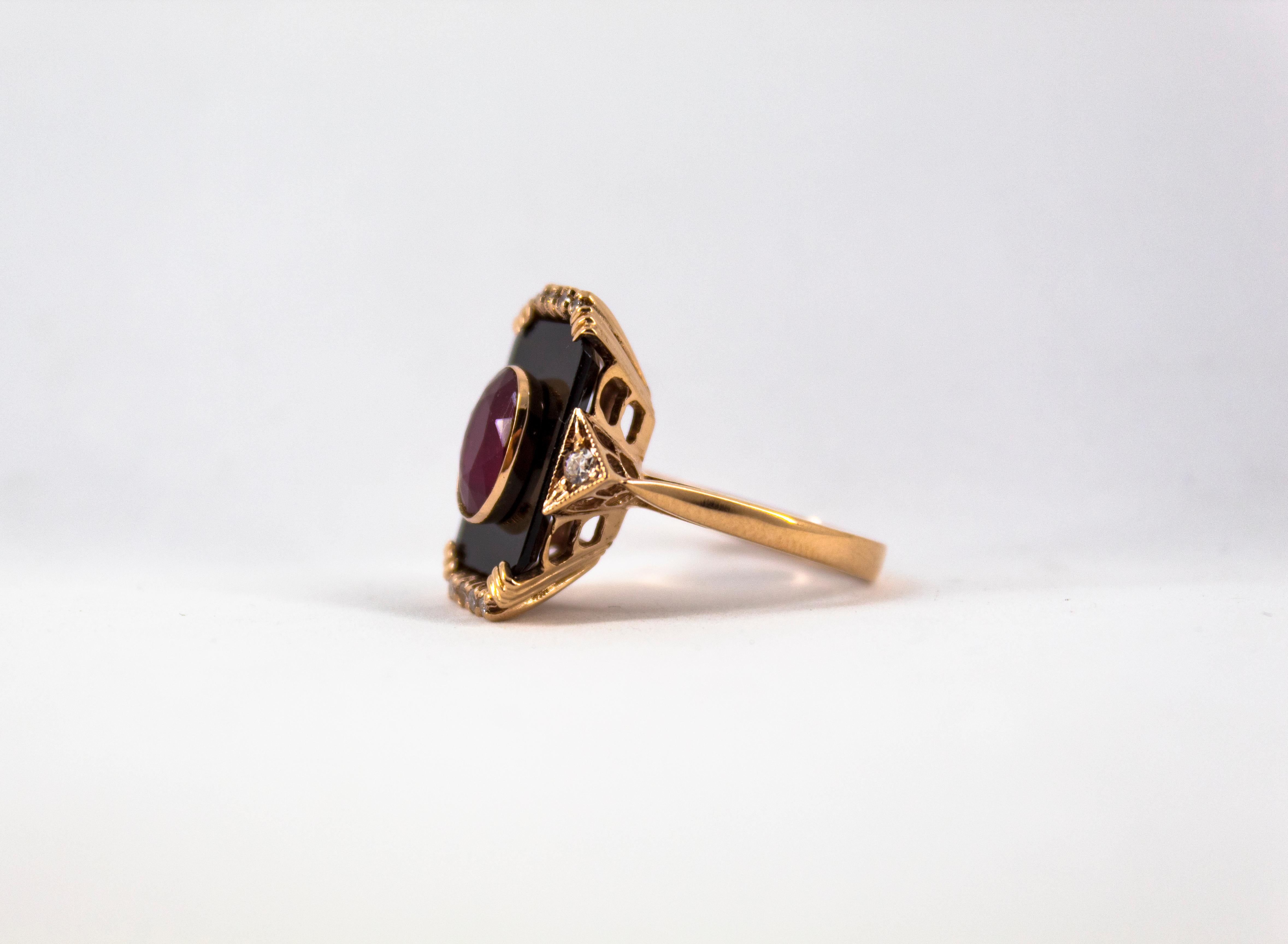 Art Deco Style 0.18 Carat White Diamond 2.10 Carat Ruby Onyx Yellow Gold Ring 3