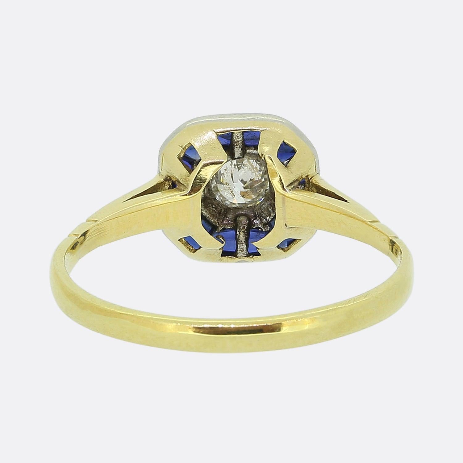 Old European Cut Art Deco 0.20 Carat Old Cut Diamond and Sapphire Ring For Sale