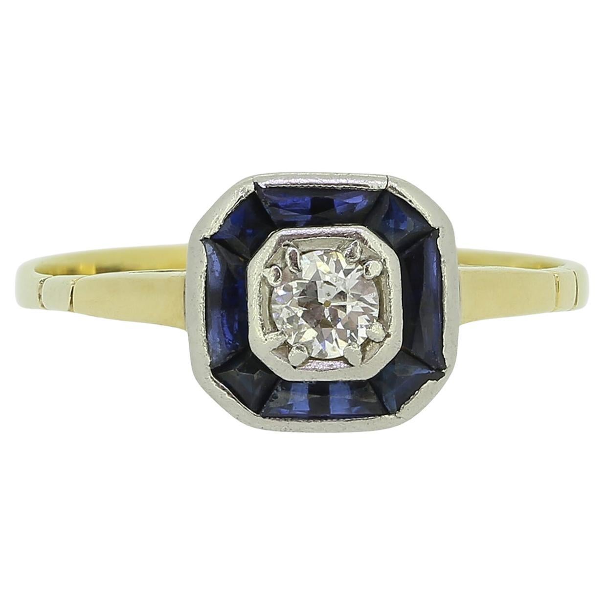 Art Deco 0.20 Carat Old Cut Diamond and Sapphire Ring For Sale