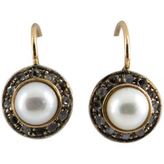 Art Deco Style 0.20 Carat White Rose Cut Diamond Pearl Yellow Gold Earrings