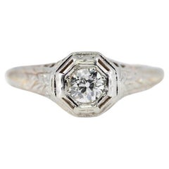 Anello di fidanzamento Art Deco con diamante vecchio taglio europeo da 0,20 carati in oro 18 carati