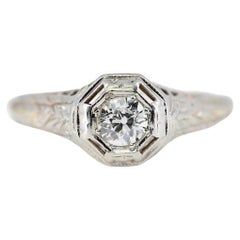 Bague de fiançailles Art déco en or blanc 18 carats avec diamant taille européenne ancienne de 0,20 carat