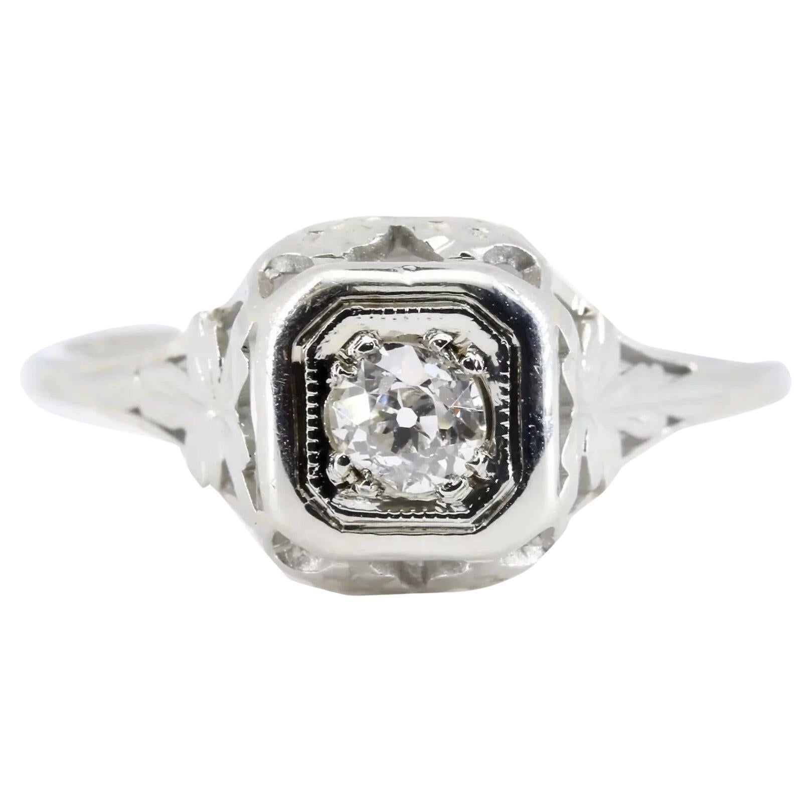 Art Deco 0.20ct Floral Filigree Engagement Ring Solitaire in 18K White Gold