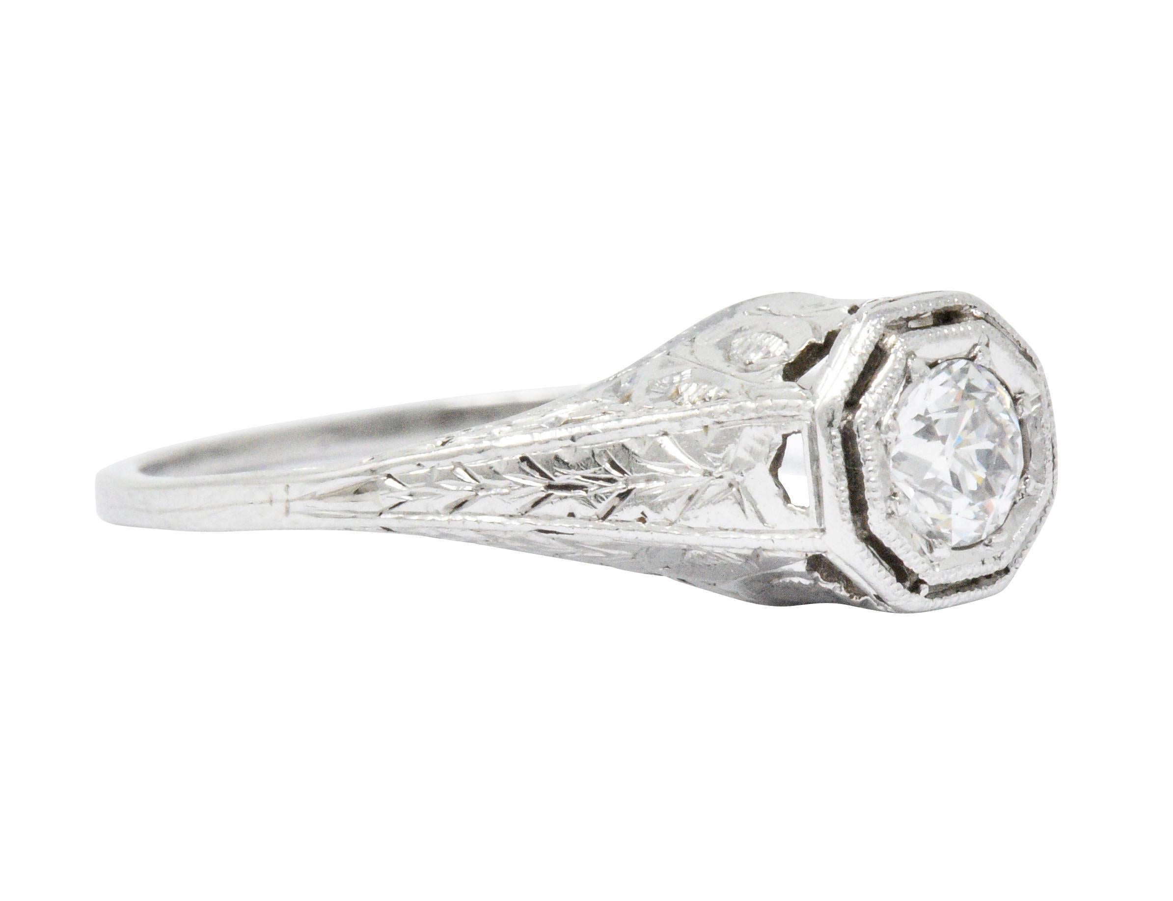 Art Deco 0.25 Carat Old European Diamond Platinum Octagonal Engagement Ring In Excellent Condition In Philadelphia, PA