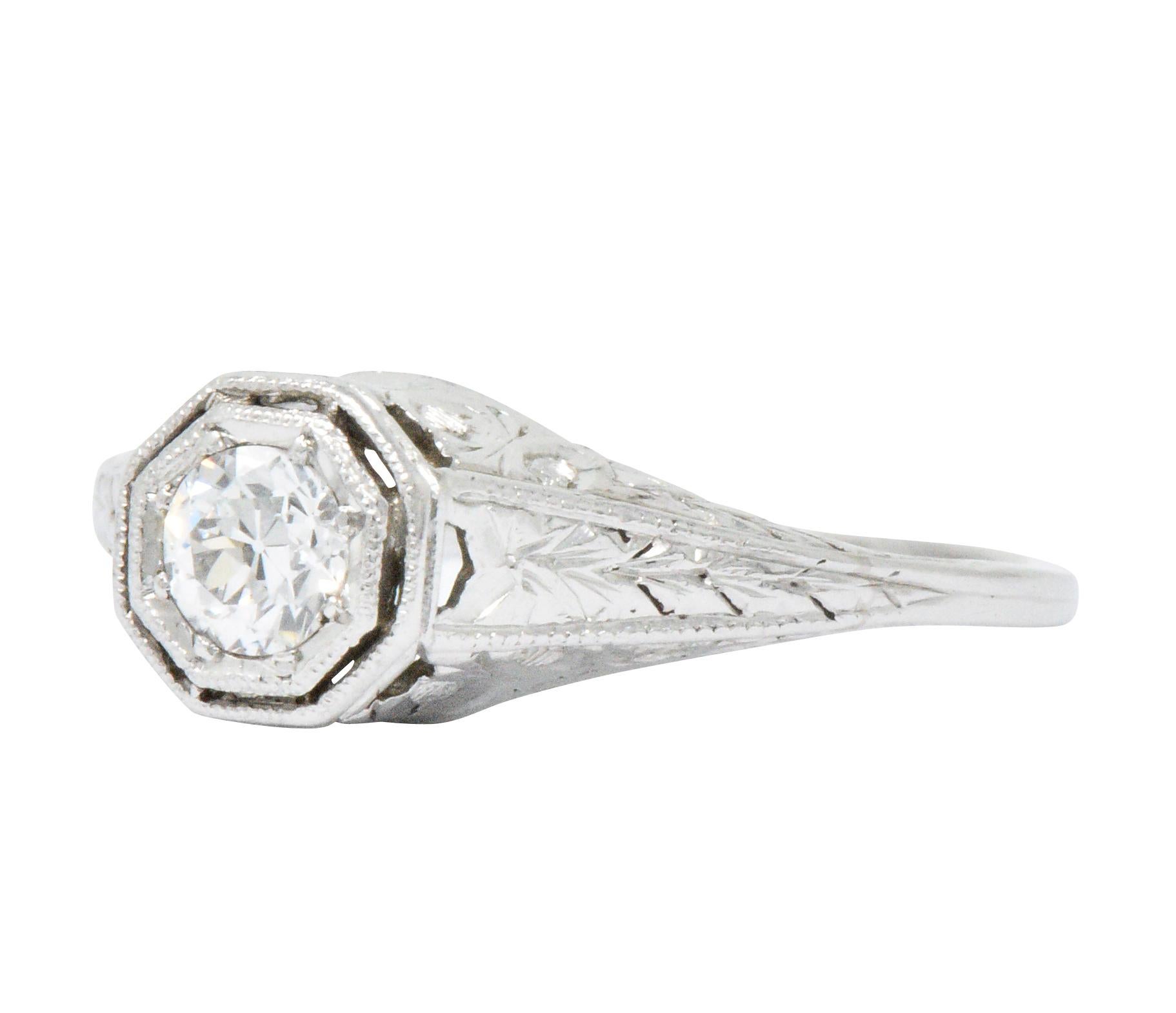 Women's or Men's Art Deco 0.25 Carat Old European Diamond Platinum Octagonal Engagement Ring