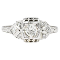 Art Deco 0.25 Carat Old European Cut Diamond 18 Karat White Gold Engagement Ring