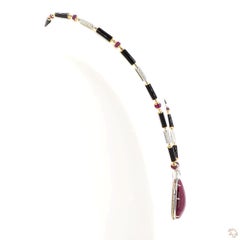 Art Deco 0.25 Carat Trilliant Cut Diamond Onyx Pearl Ruby Spinel Gold Necklace