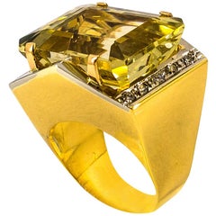 Art Deco Style 0.25 Carat Diamond 28.00 Carat Citrine Yellow Gold Cocktail Ring