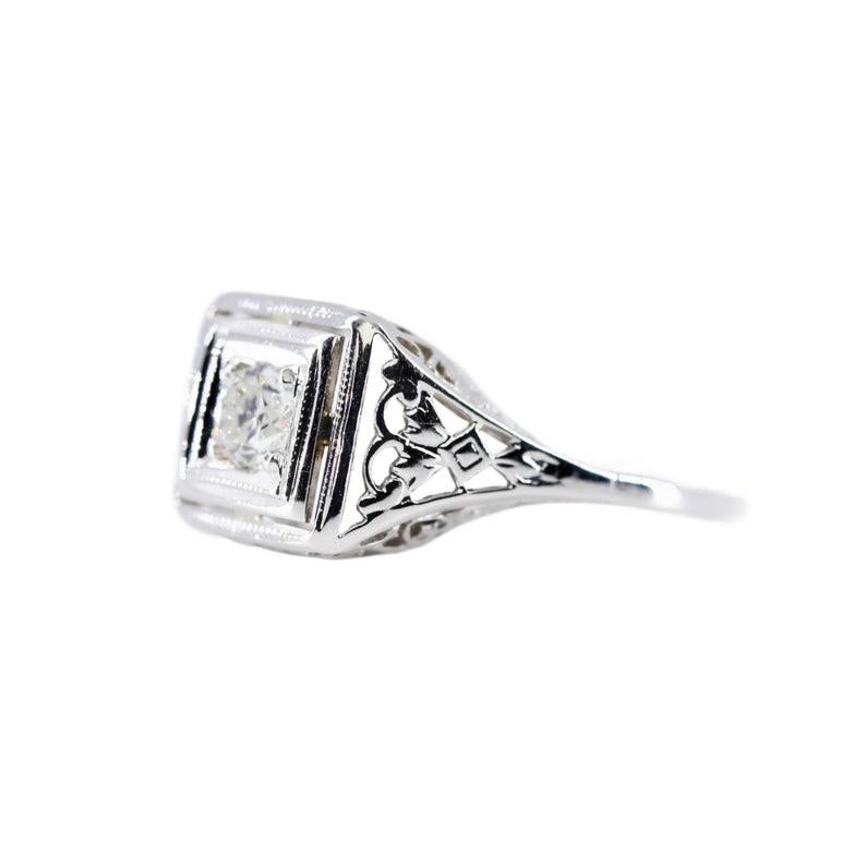 Old European Cut Art Deco 0.25ct Diamond Solitaire Engagement Filigree Ring in 18K White Gold For Sale