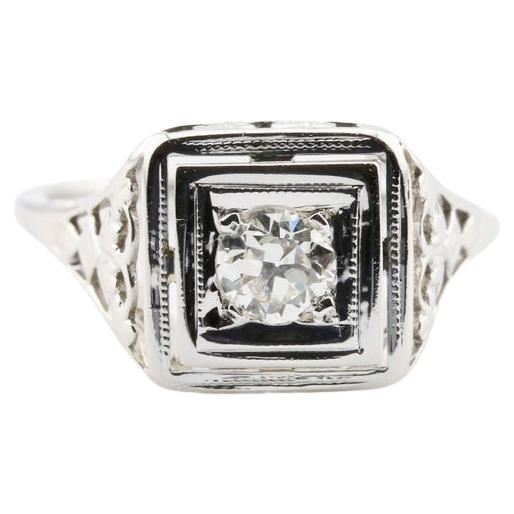 Art Deco 0.25ct Diamond Solitaire Engagement Filigree Ring in 18K White Gold For Sale