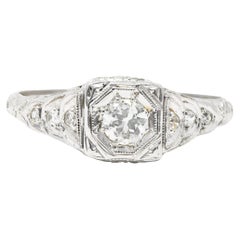Art Deco 0.26 Carat Old European Cut Diamond 18 Karat White Gold Engagement Ring