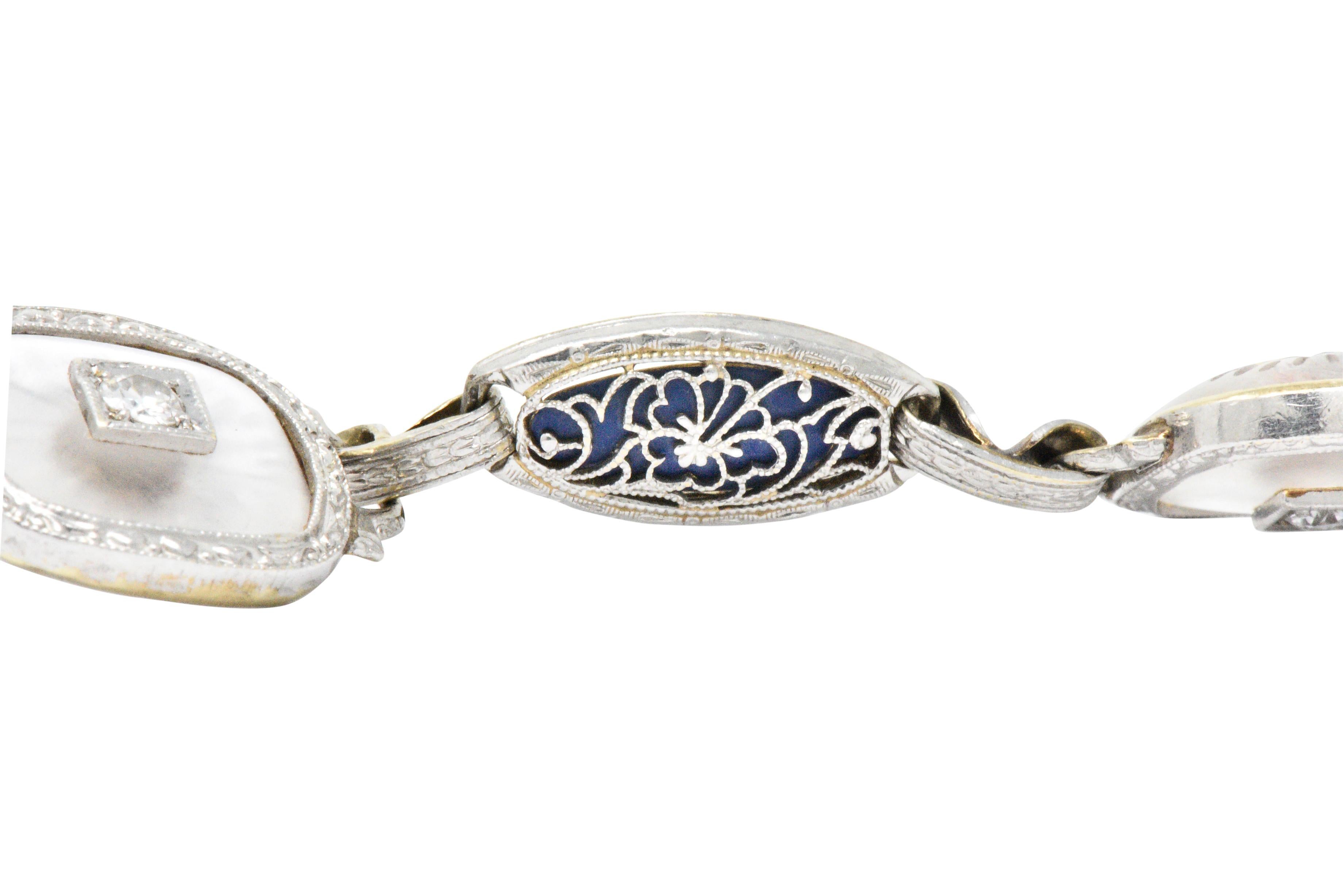 Art Deco 0.30 Carat Diamond Camphor Glass Enamel Platinum-Topped Bracelet In Excellent Condition In Philadelphia, PA