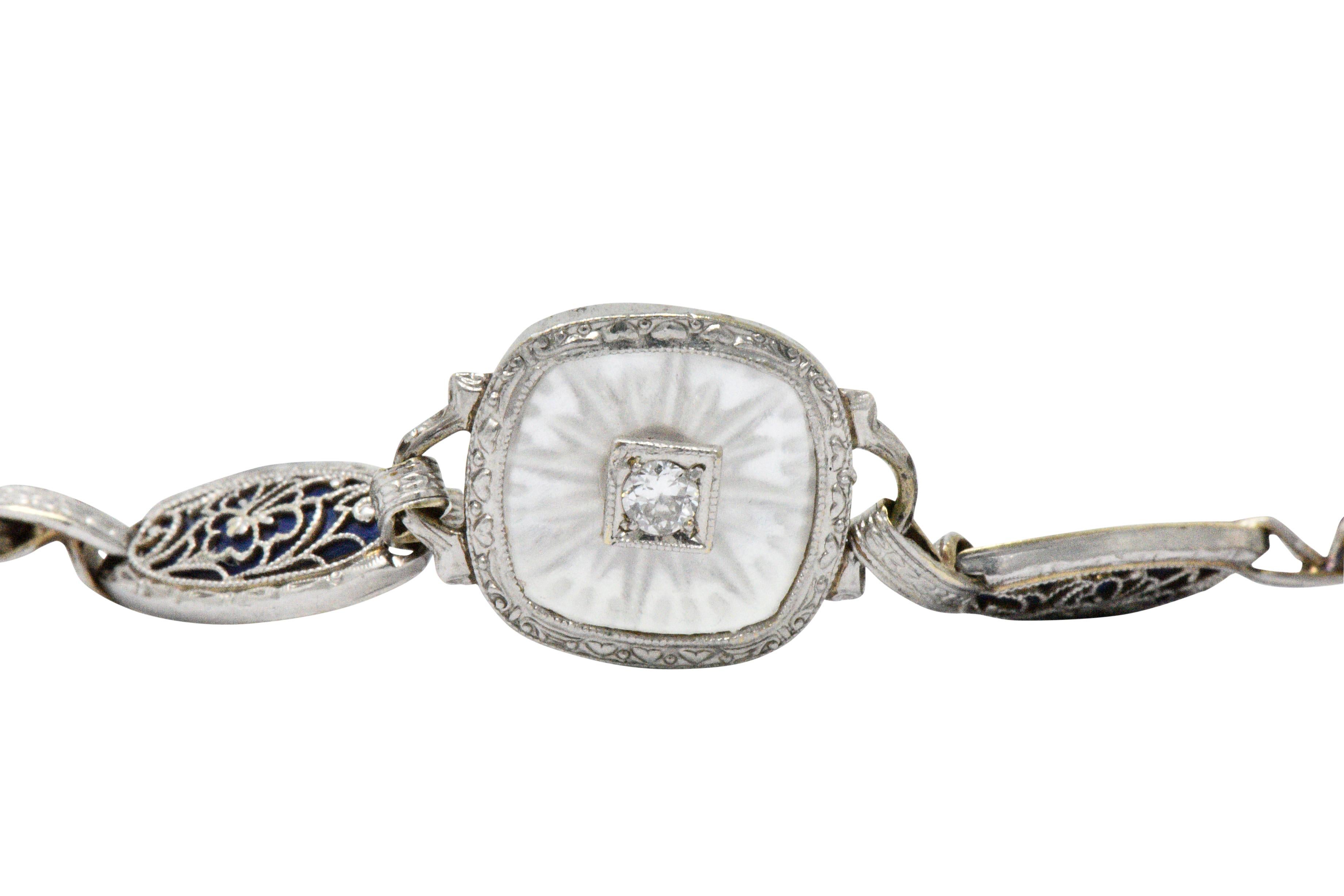 Women's or Men's Art Deco 0.30 Carat Diamond Camphor Glass Enamel Platinum-Topped Bracelet