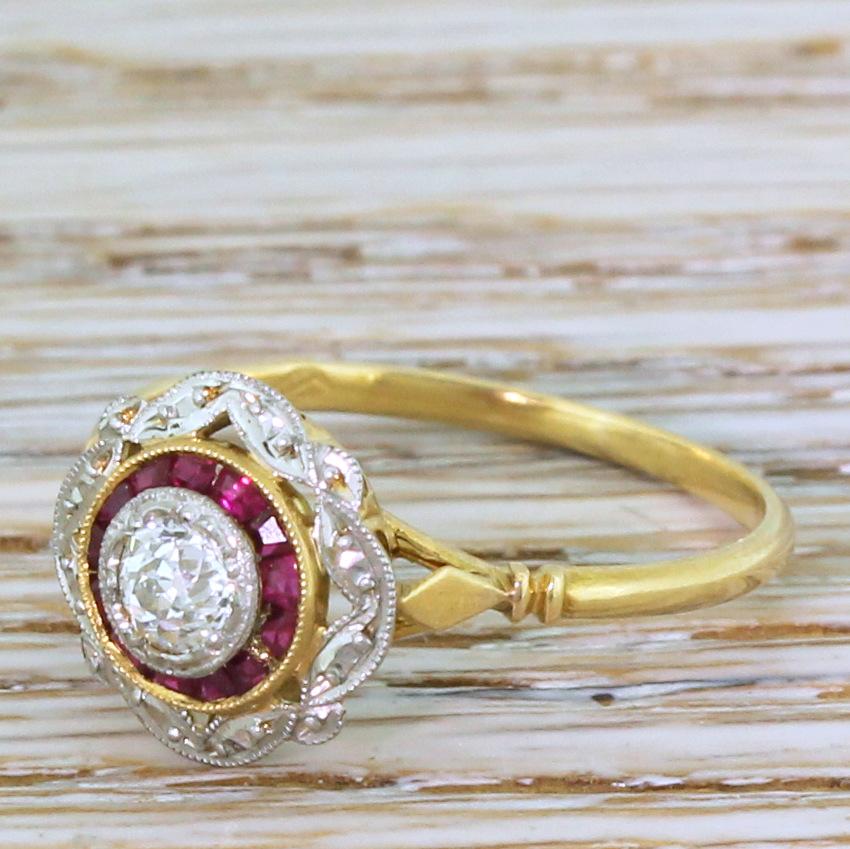 Art Deco 0.30 Carat Old Cut Diamond and Ruby Target Ring 2