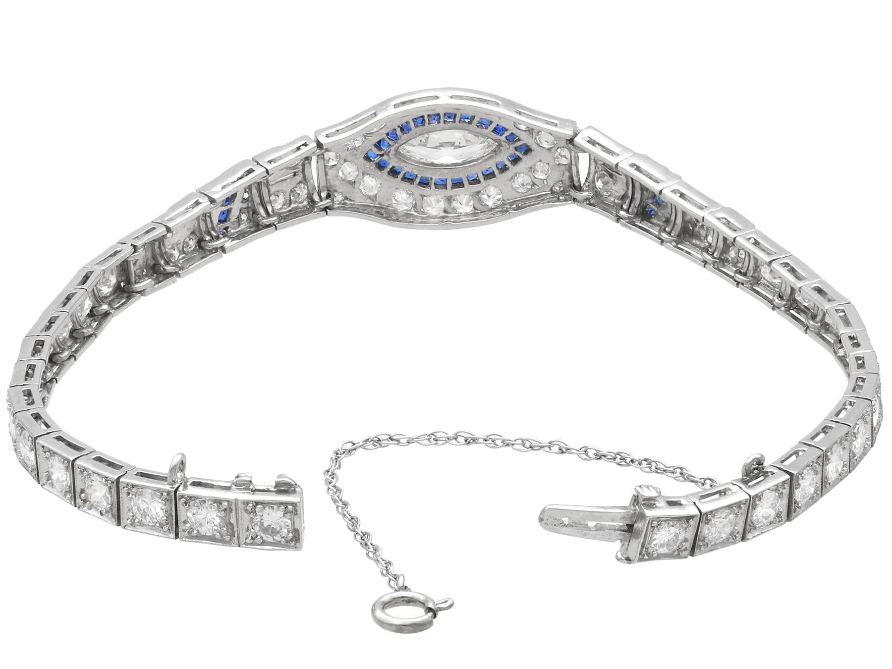 Bracciale Art Deco in platino con zaffiro da 0,30 carati e diamante da 7,58 carati Circa 1920 in vendita 4
