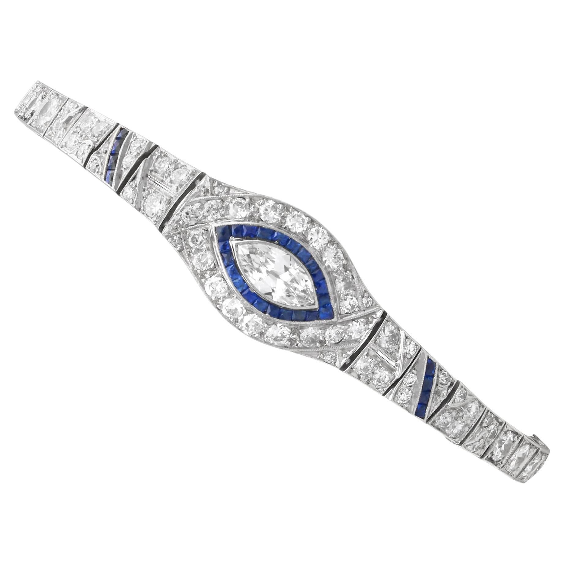 Bracciale Art Deco in platino con zaffiro da 0,30 carati e diamante da 7,58 carati Circa 1920 in vendita