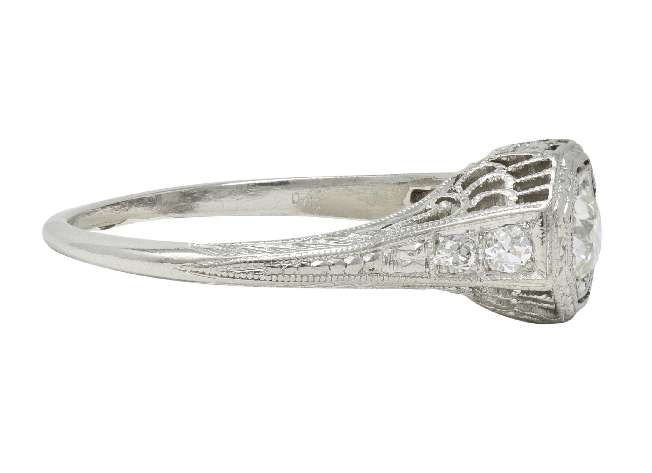 Old European Cut Art Deco 0.30 CTW Diamond Platinum Fleur-De-Lis Vintage Engagement Ring For Sale