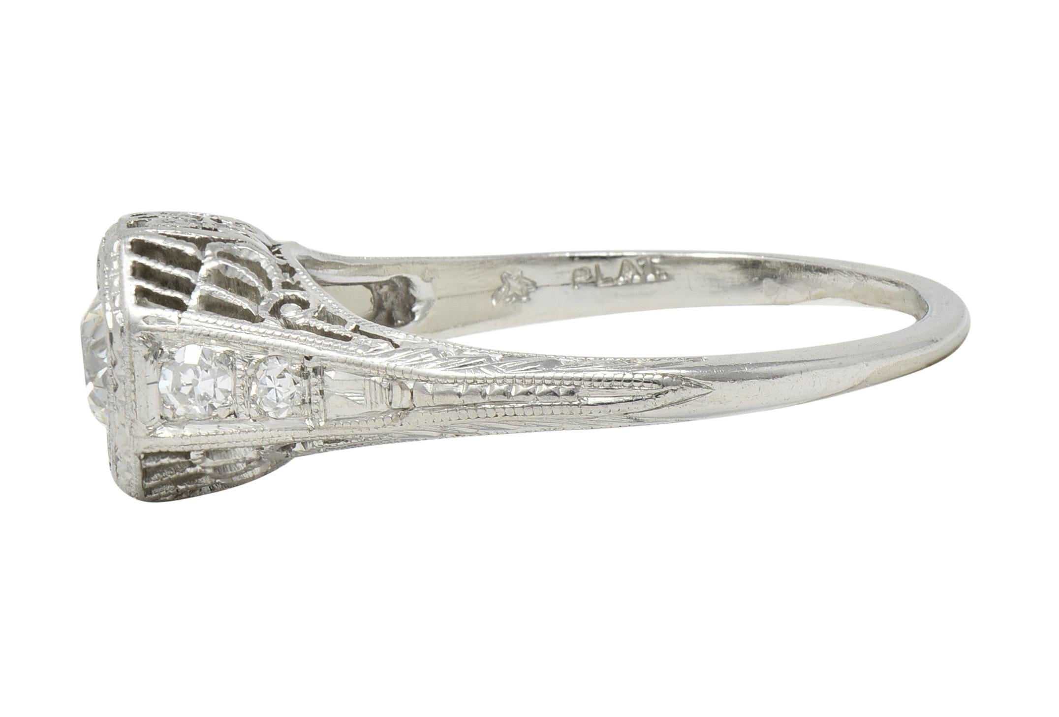 Women's or Men's Art Deco 0.30 CTW Diamond Platinum Fleur-De-Lis Vintage Engagement Ring For Sale