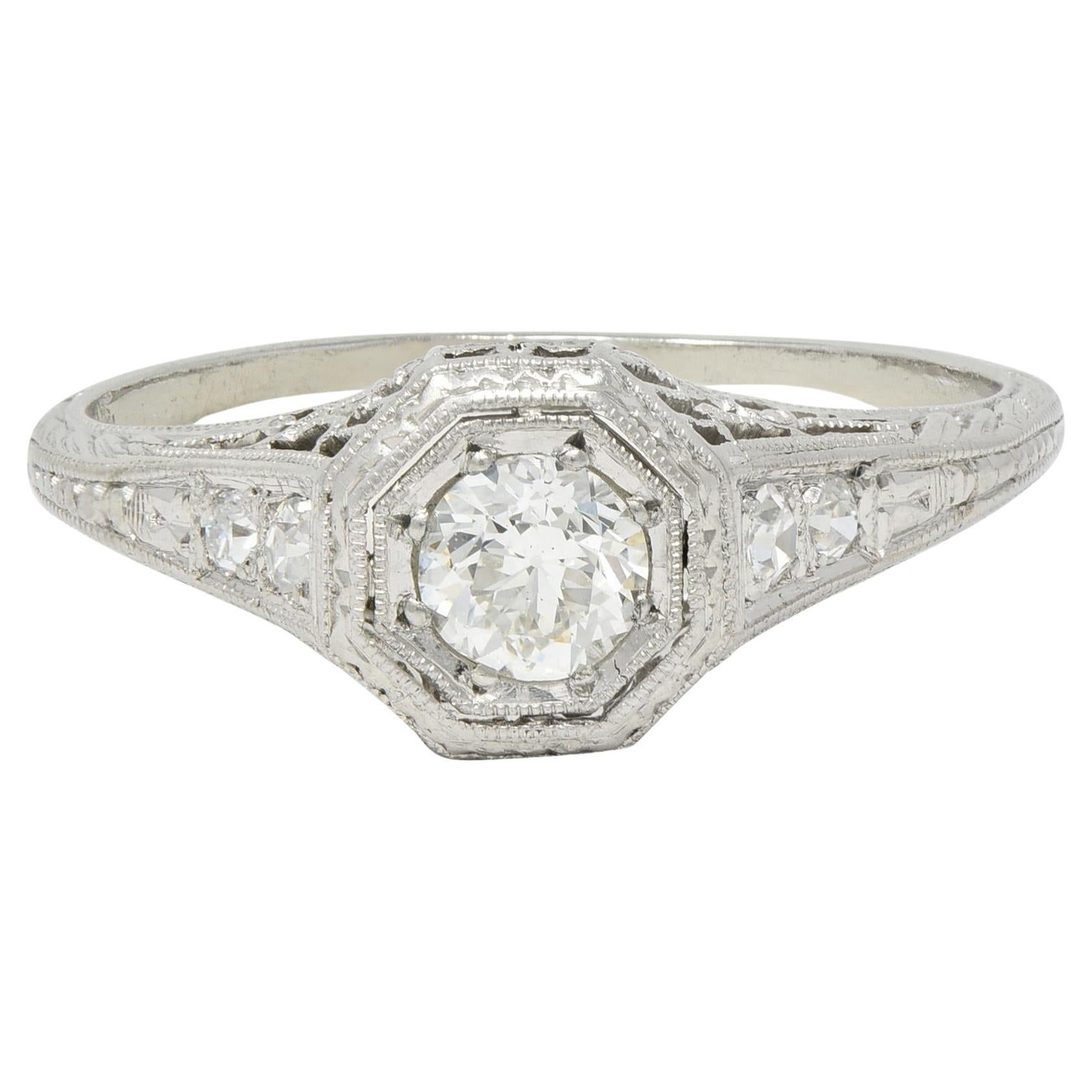 Art Deco 0.30 CTW Diamond Platinum Fleur-De-Lis Vintage Engagement Ring For Sale