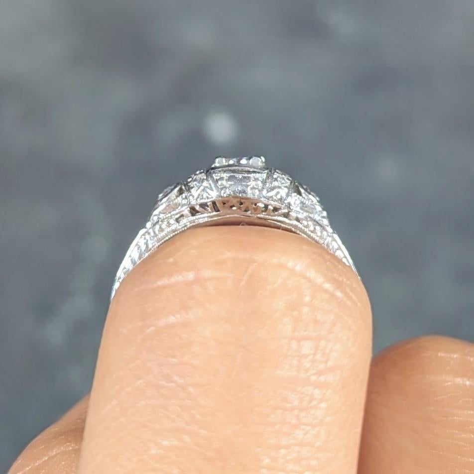 Art Deco 0.30 CTW Diamond Platinum Ornate Geometric Engagement Ring For Sale 8