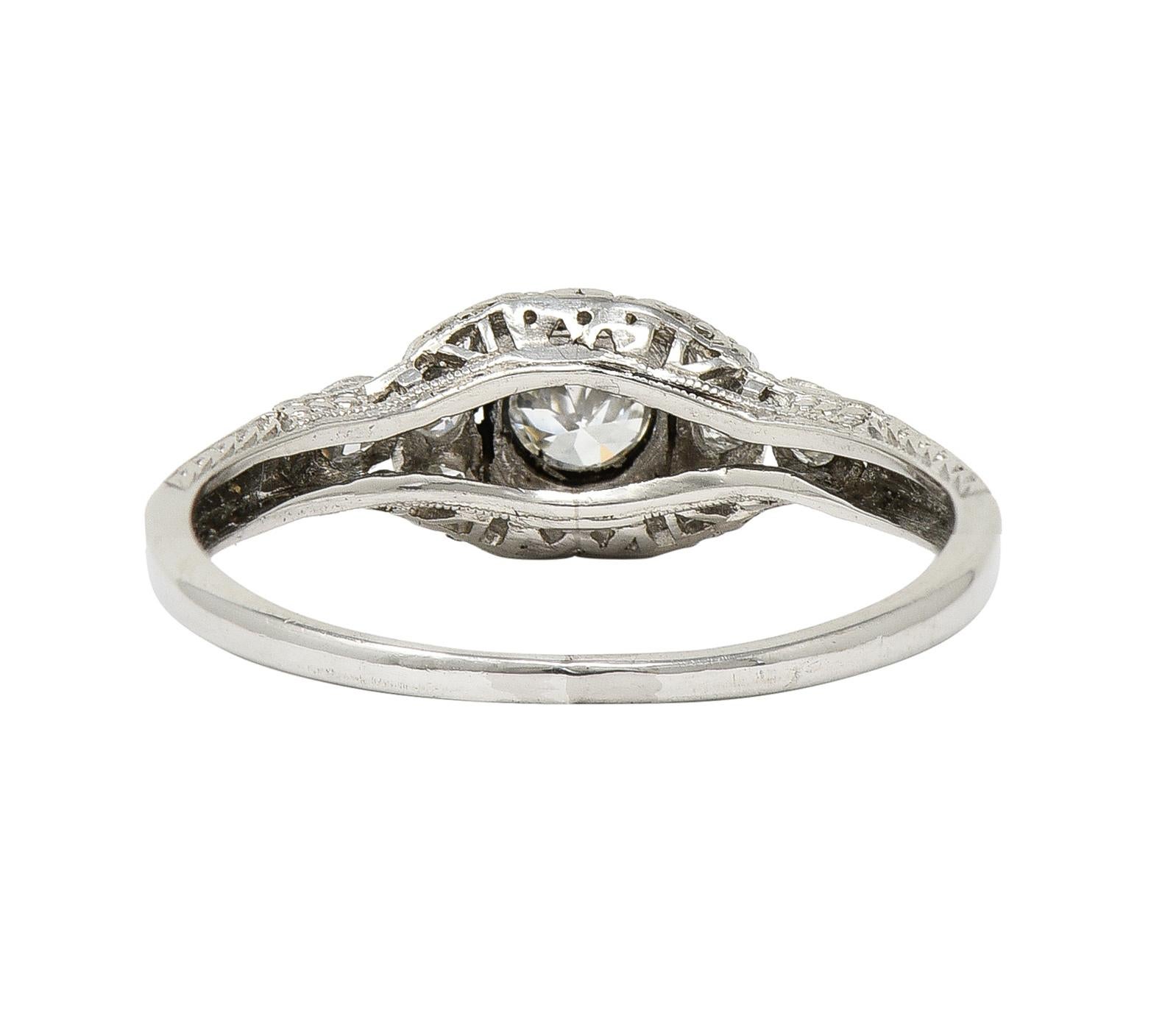 Art Deco 0.30 CTW Diamond Platinum Ornate Geometric Engagement Ring In Good Condition In Philadelphia, PA