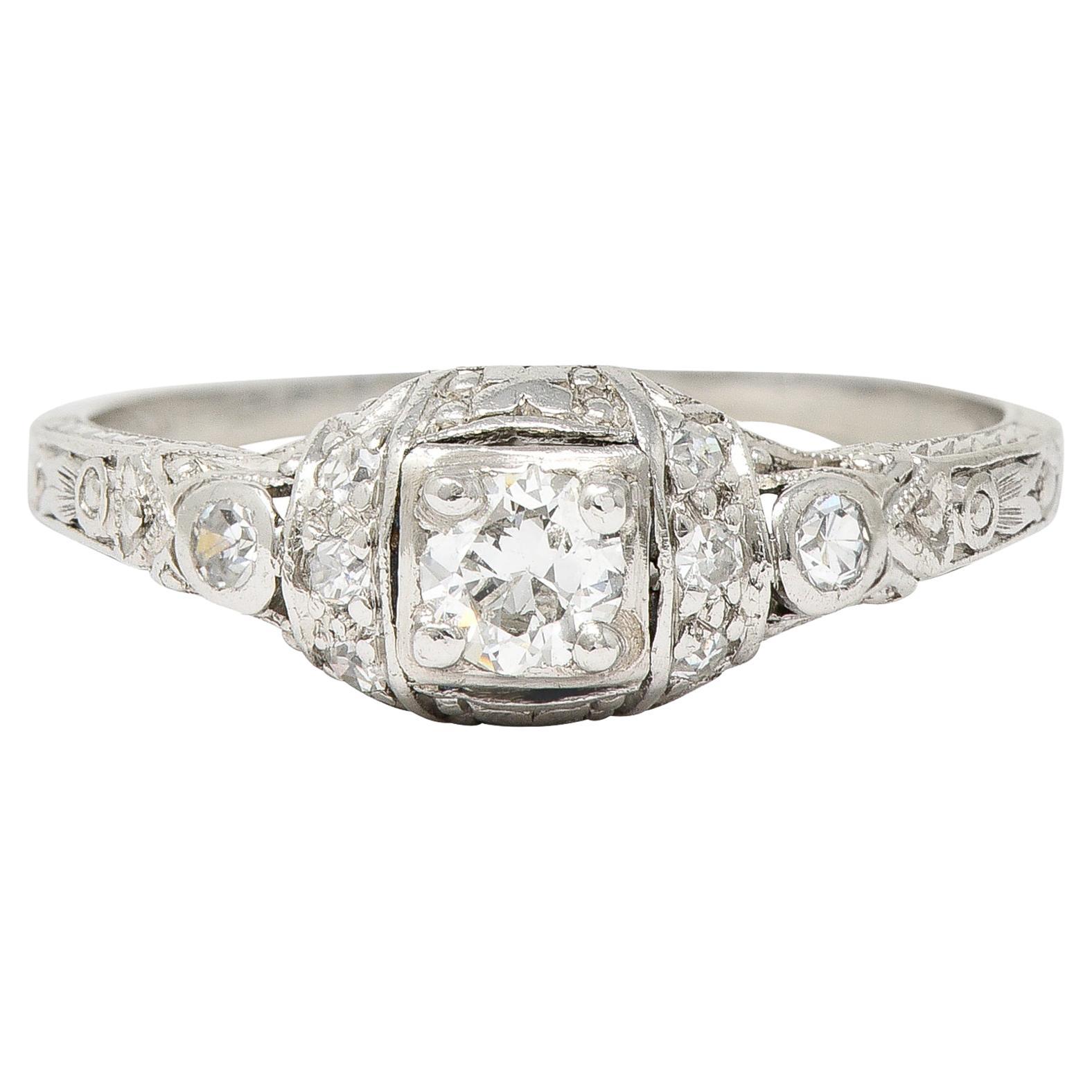 Art Deco 0.30 CTW Diamond Platinum Ornate Geometric Engagement Ring For Sale