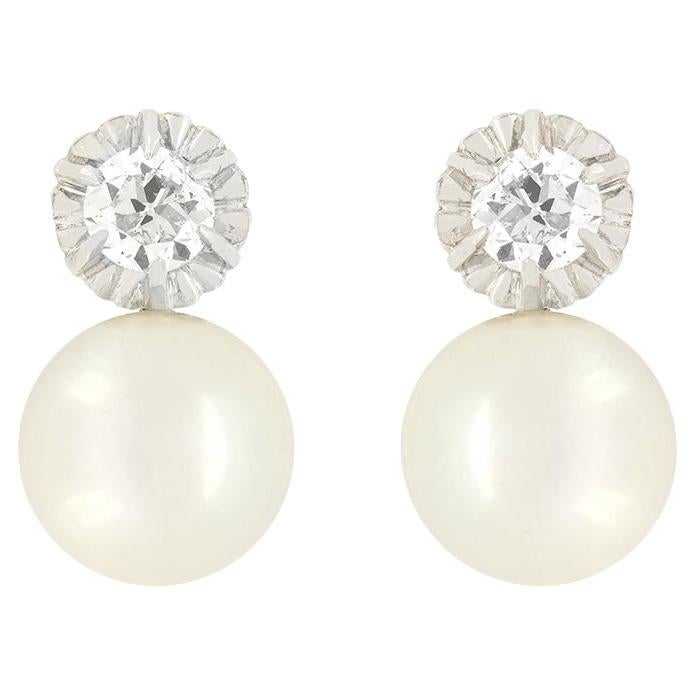 Art Deco 0.30ct Diamond and Pearl Earrings, c.1920s For Sale