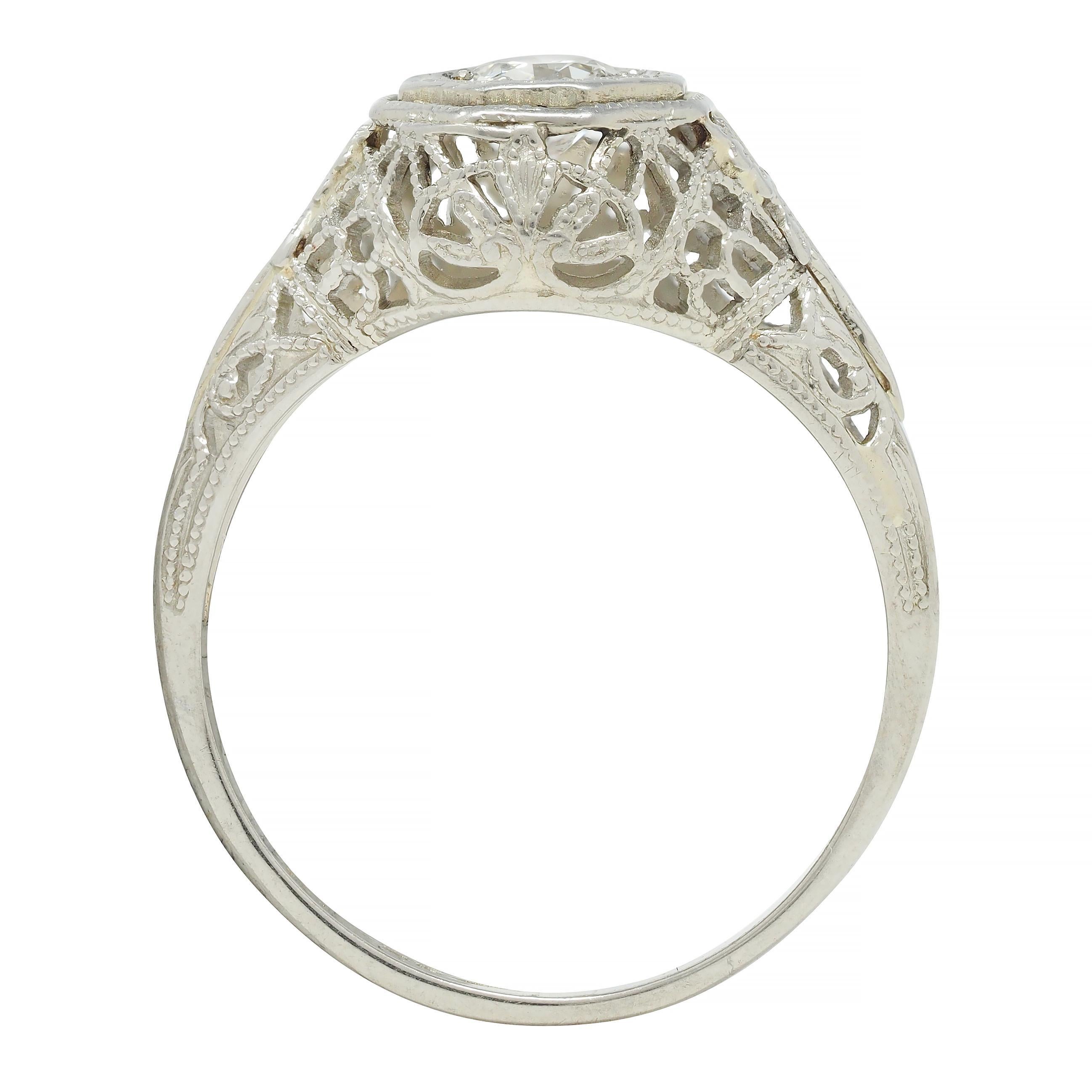 Art Deco 0.31 CTW Old European Cut Diamond 18 Karat Gold Lotus Engagement Ring For Sale 6