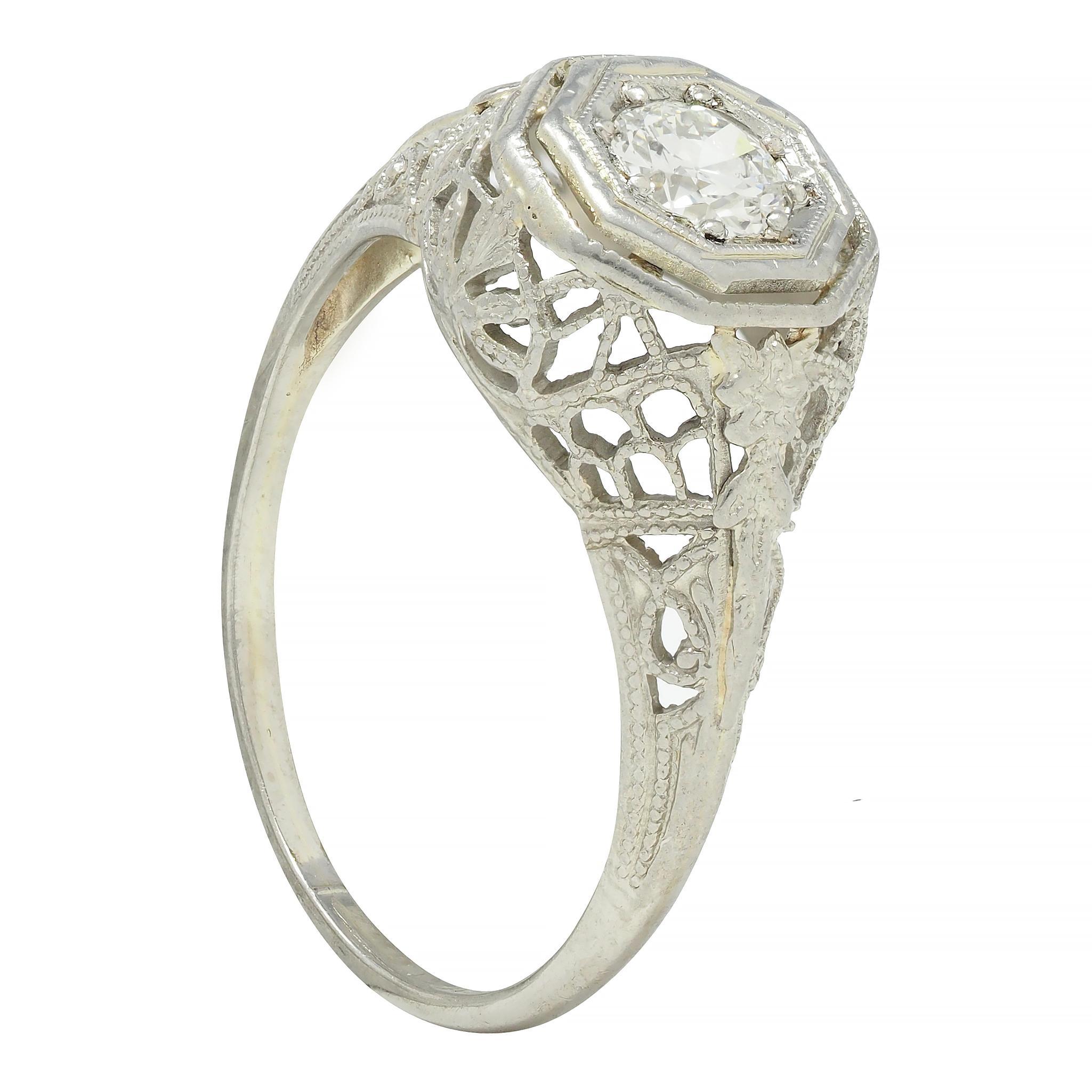Art Deco 0.31 CTW Old European Cut Diamond 18 Karat Gold Lotus Engagement Ring For Sale 7