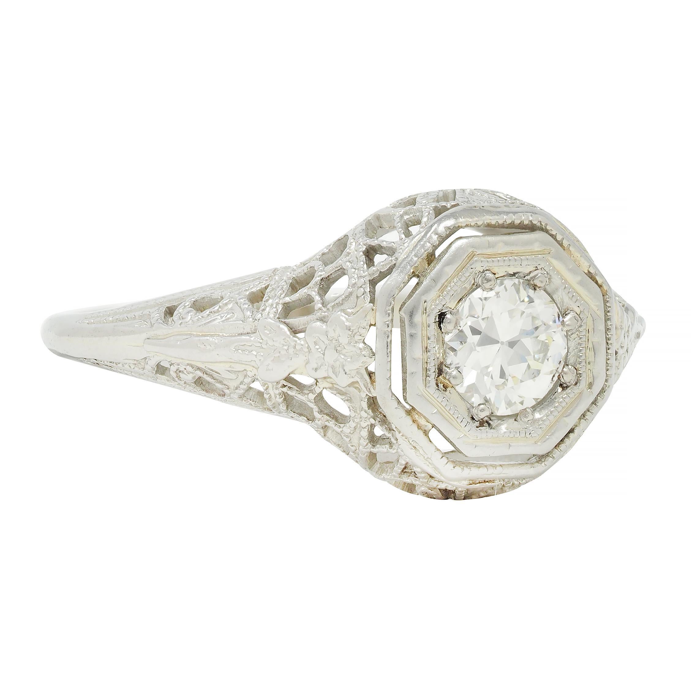 Art Deco 0.31 CTW Old European Cut Diamond 18 Karat Gold Lotus Engagement Ring In Excellent Condition For Sale In Philadelphia, PA