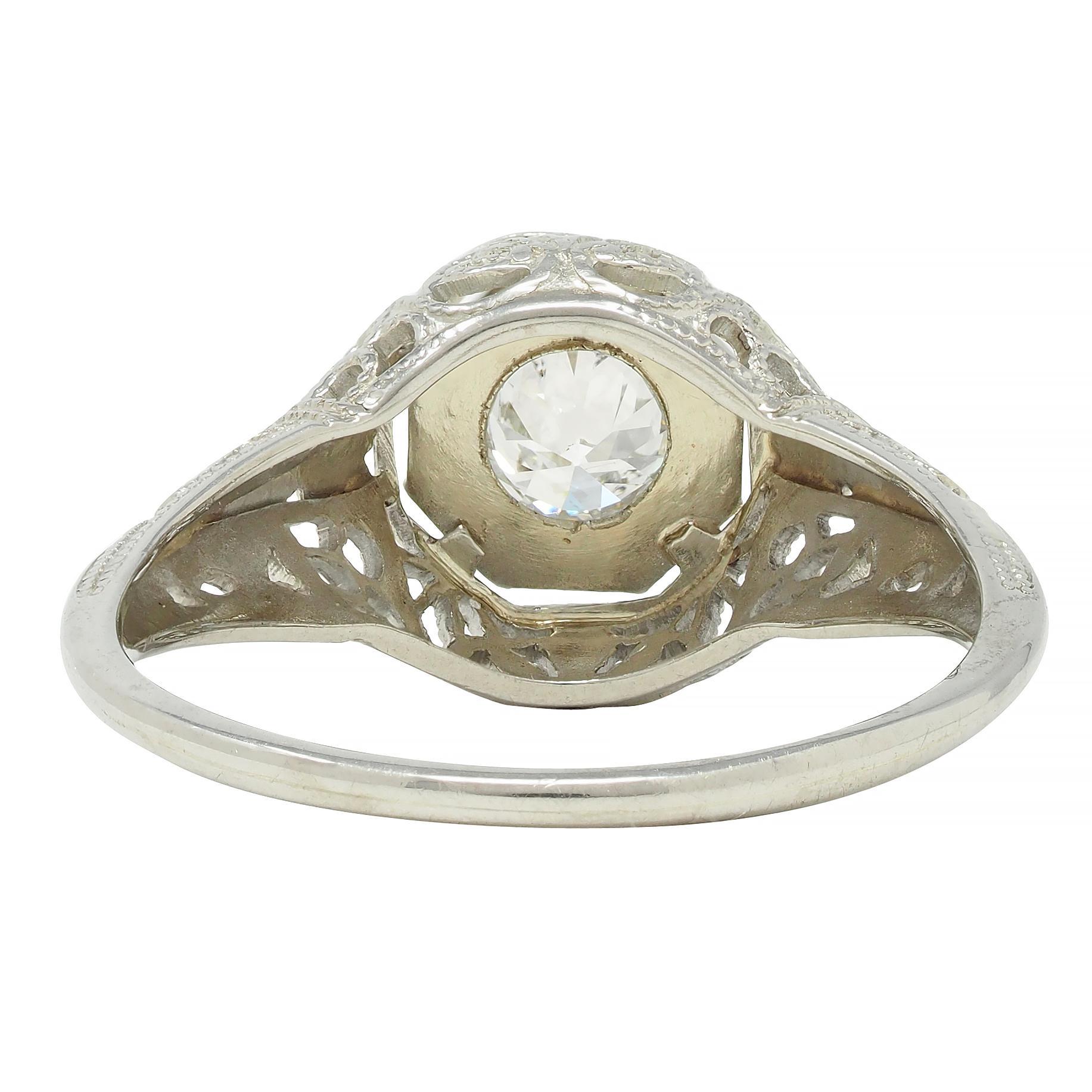 Art Deco 0.31 CTW Old European Cut Diamond 18 Karat Gold Lotus Engagement Ring For Sale 1
