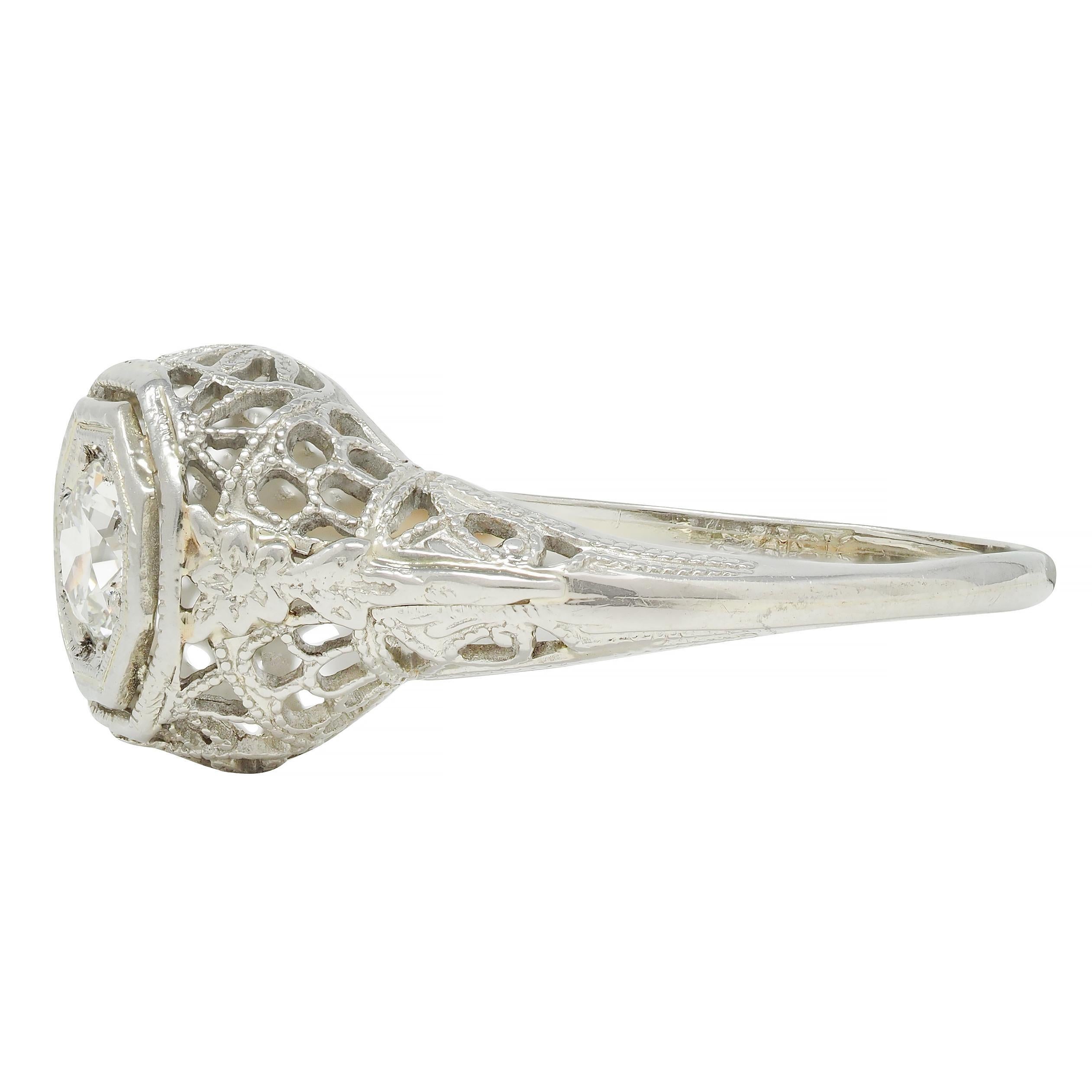 Art Deco 0.31 CTW Old European Cut Diamond 18 Karat Gold Lotus Engagement Ring For Sale 2