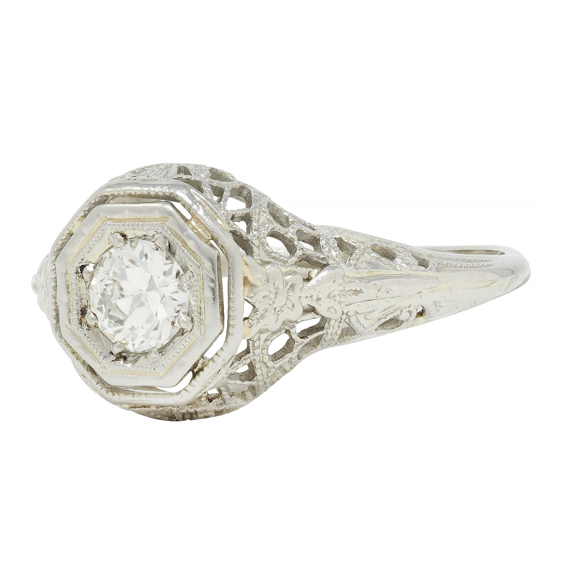 Art Deco 0.31 CTW Old European Cut Diamond 18 Karat Gold Lotus Engagement Ring For Sale 3