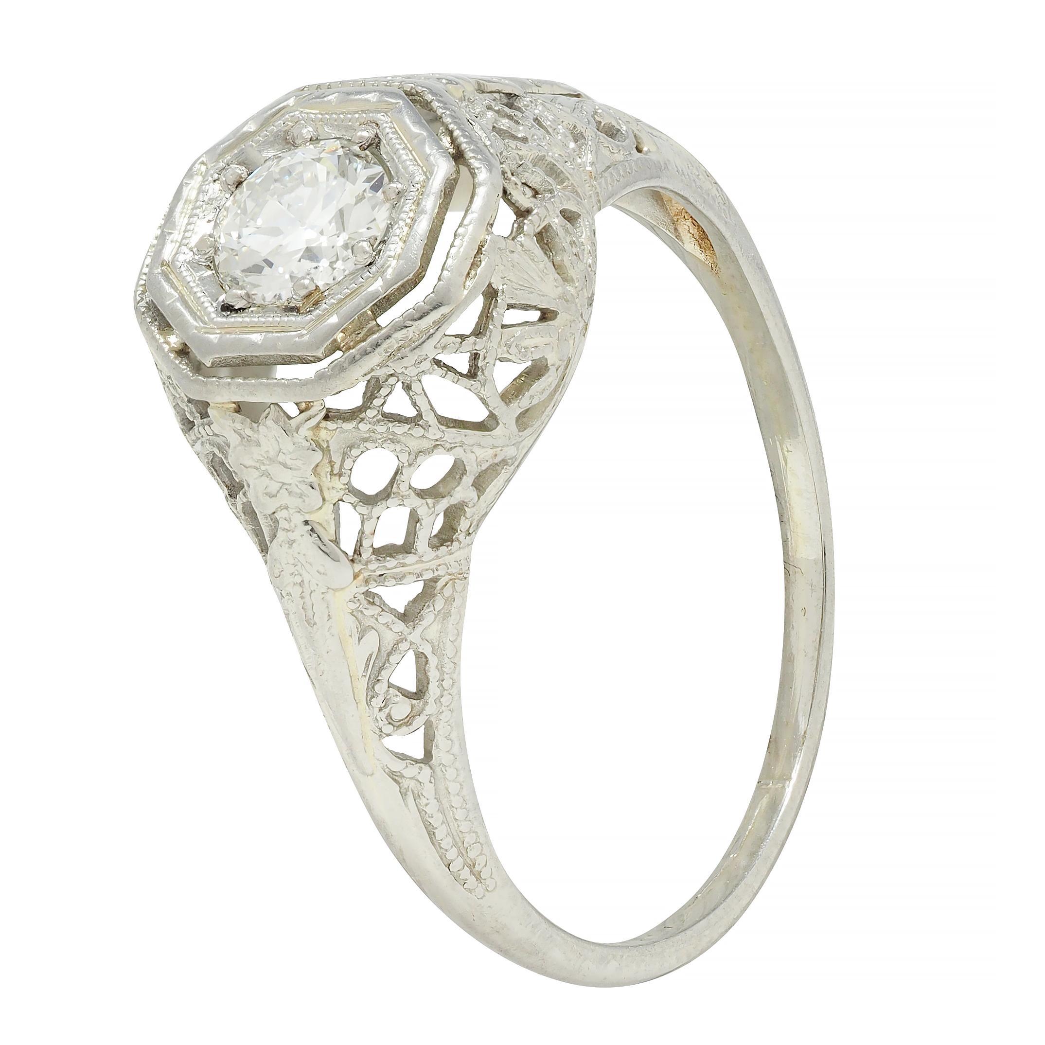 Art Deco 0.31 CTW Old European Cut Diamond 18 Karat Gold Lotus Engagement Ring For Sale 5