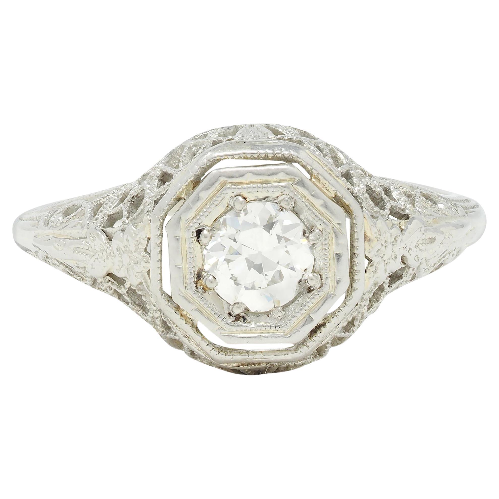 Art Deco 0.31 CTW Old European Cut Diamond 18 Karat Gold Lotus Engagement Ring For Sale