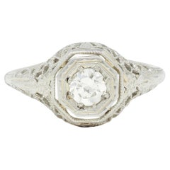 Art Deco 0.31 CTW Old European Cut Diamond 18 Karat Gold Lotus Engagement Ring