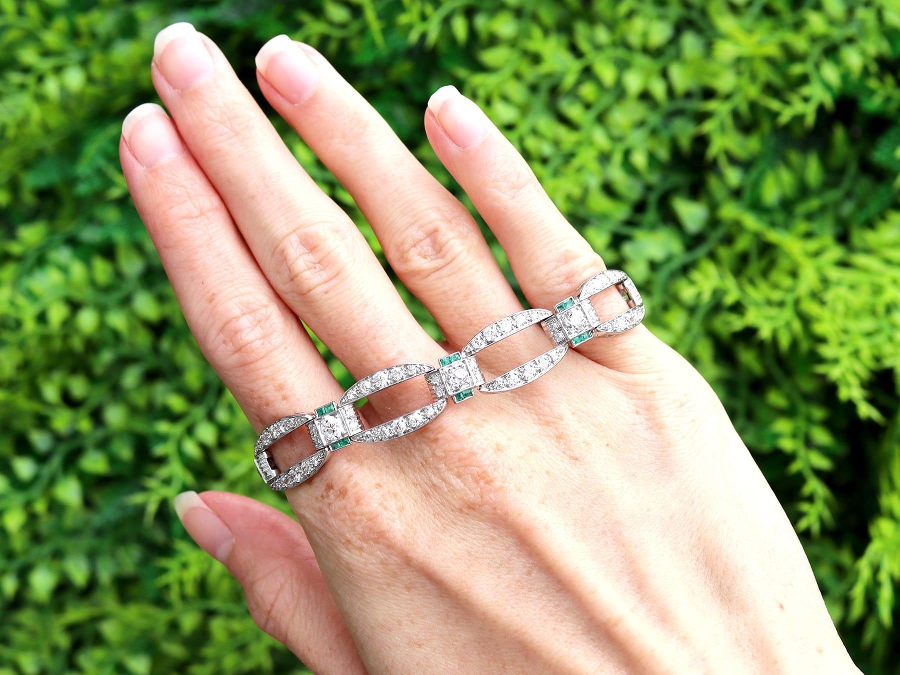 A stunning, fine and impressive antique Art Deco 0.32 carat emerald, 6.13 carat diamond and platinum bracelet; part of our diverse Edwardian jewelry collections.

This stunning, fine and impressive antique emerald bracelet has been crafted in