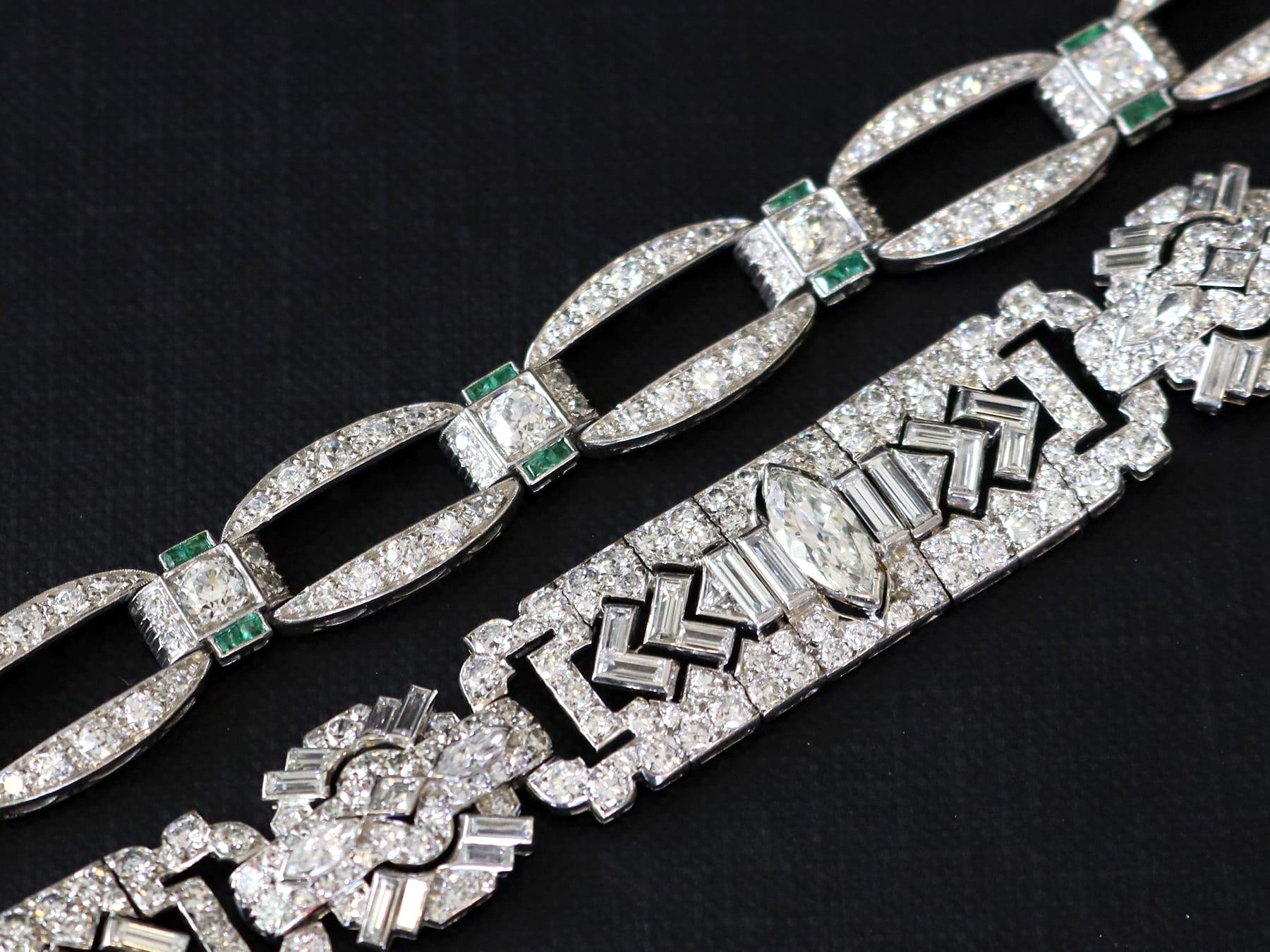 Square Cut Art Deco 0.32 Carat Emerald, 6.13 Carat Diamond and Platinum Bracelet Circa 1910 For Sale