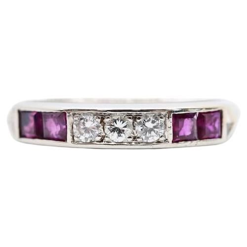 Art Deco 0.32ct Diamond & Ruby Band Ring in 14K White Gold For Sale