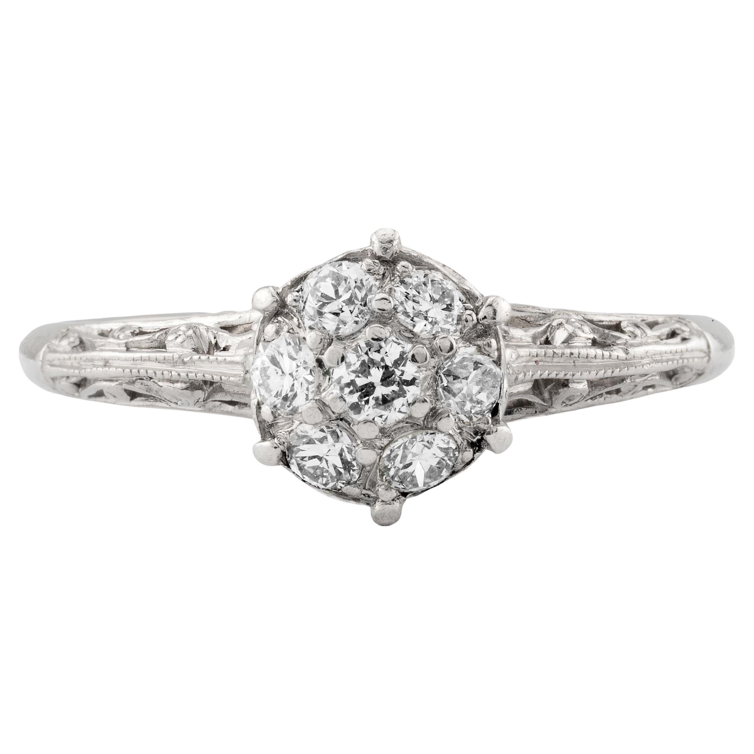Art Deco 0.32ctw Platinum Diamond Cluster Style Engagement Filigree Ring