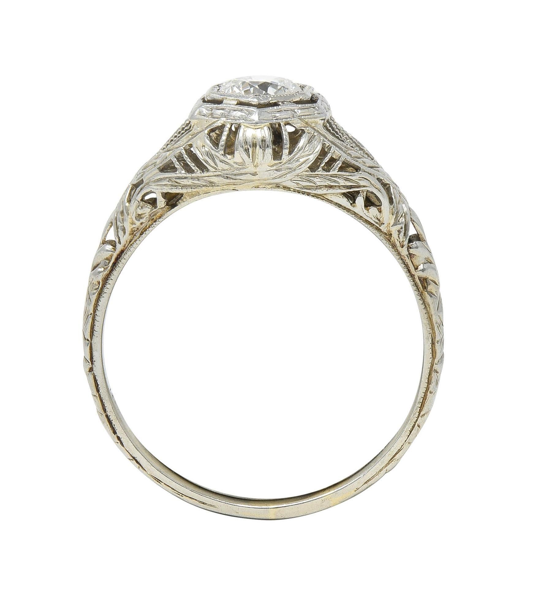 Art Deco 0.33 CTW Diamond 18 Karat White Gold Wheat Hexagonal Engagement Ring For Sale 5