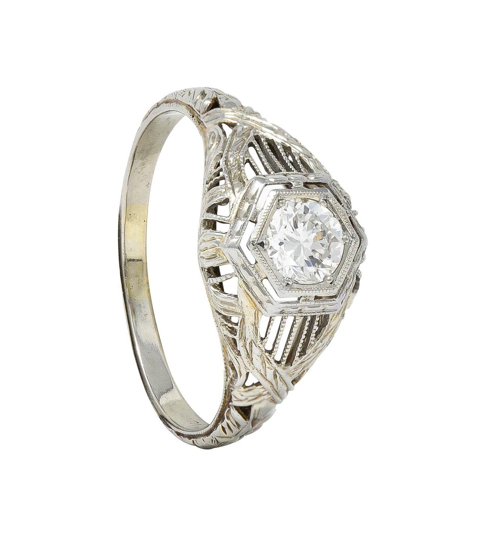 Art Deco 0.33 CTW Diamond 18 Karat White Gold Wheat Hexagonal Engagement Ring For Sale 6