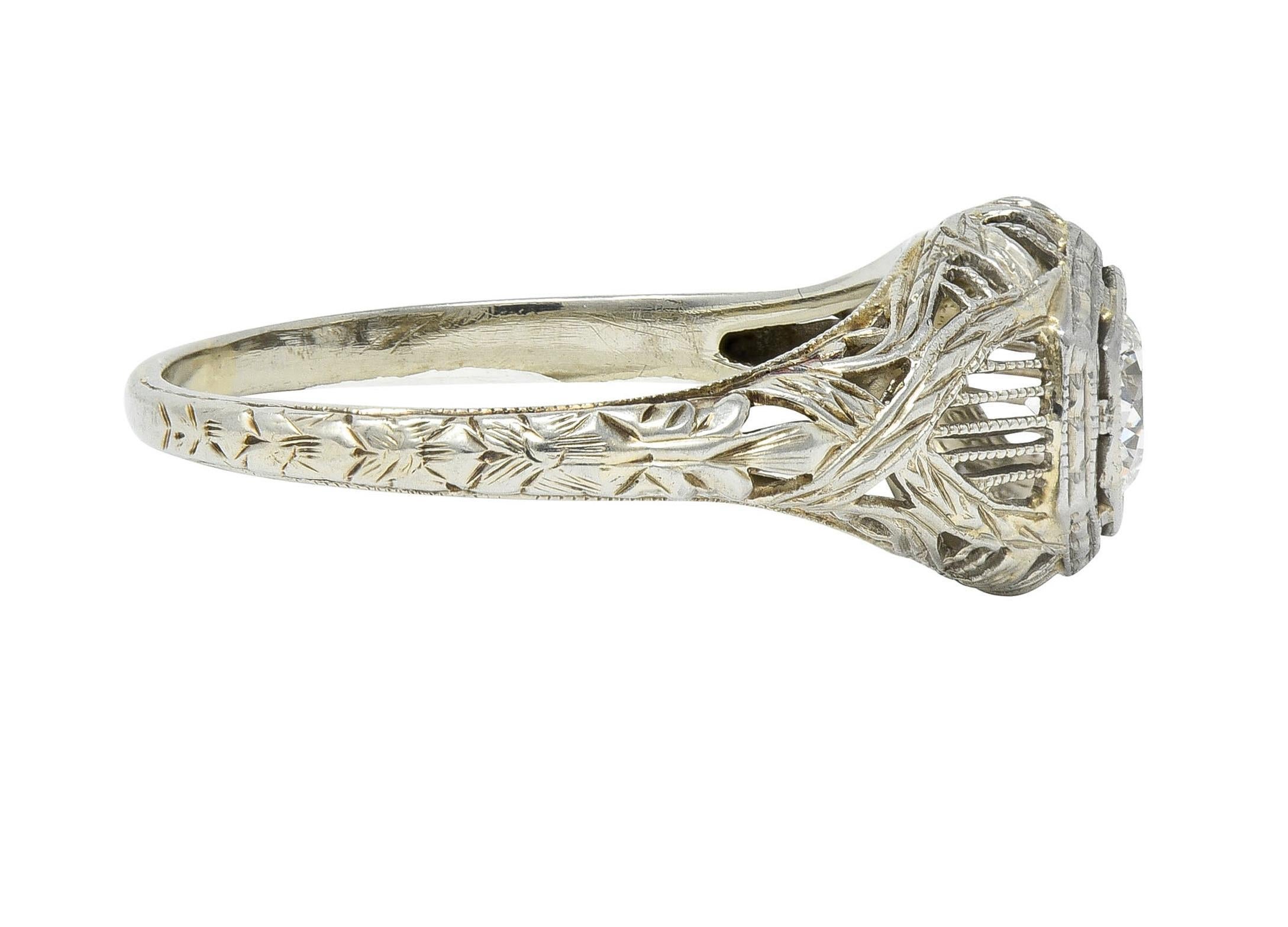 Round Cut Art Deco 0.33 CTW Diamond 18 Karat White Gold Wheat Hexagonal Engagement Ring For Sale