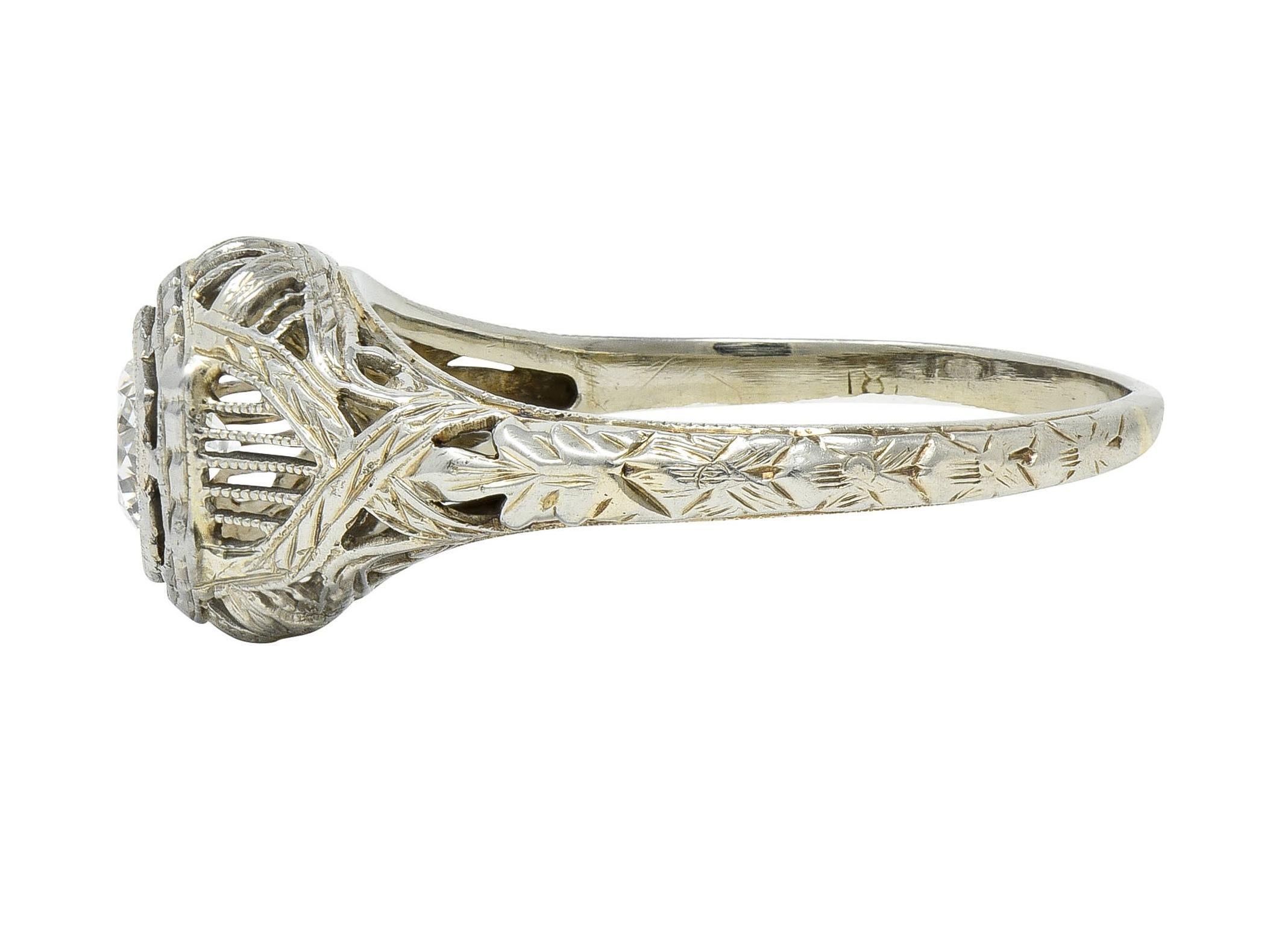Women's or Men's Art Deco 0.33 CTW Diamond 18 Karat White Gold Wheat Hexagonal Engagement Ring For Sale