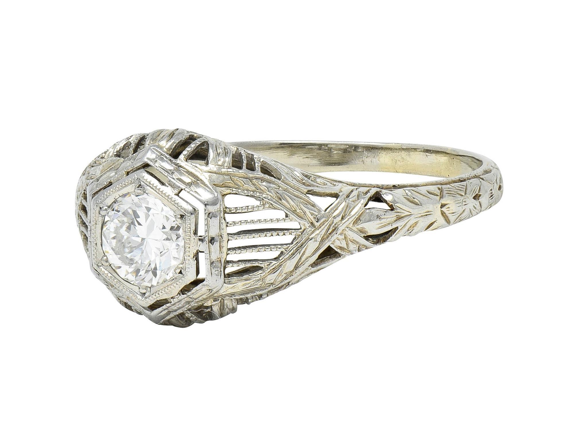 Art Deco 0.33 CTW Diamond 18 Karat White Gold Wheat Hexagonal Engagement Ring For Sale 1