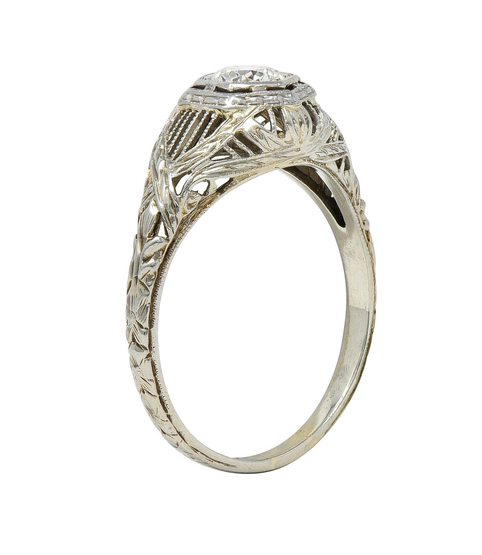 Art Deco 0.33 CTW Diamond 18 Karat White Gold Wheat Hexagonal Engagement Ring For Sale 2
